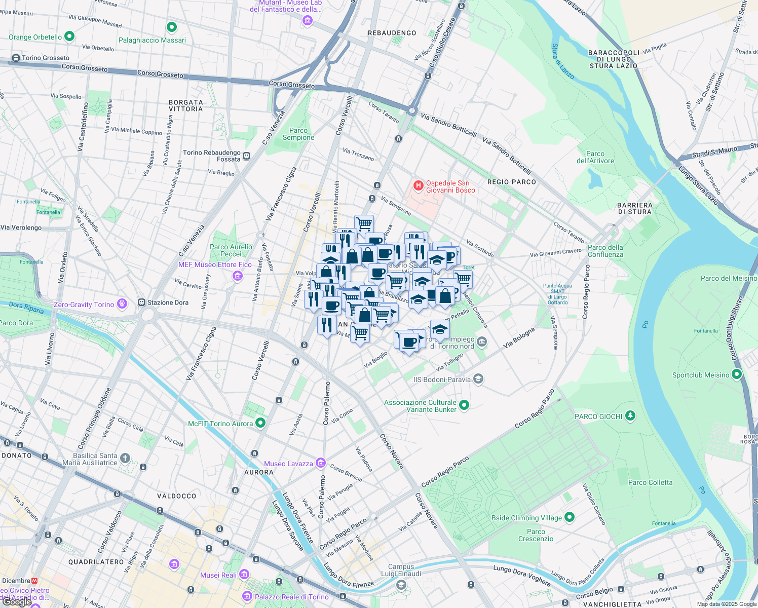 map of restaurants, bars, coffee shops, grocery stores, and more near 25F Via Crescentino in Torino