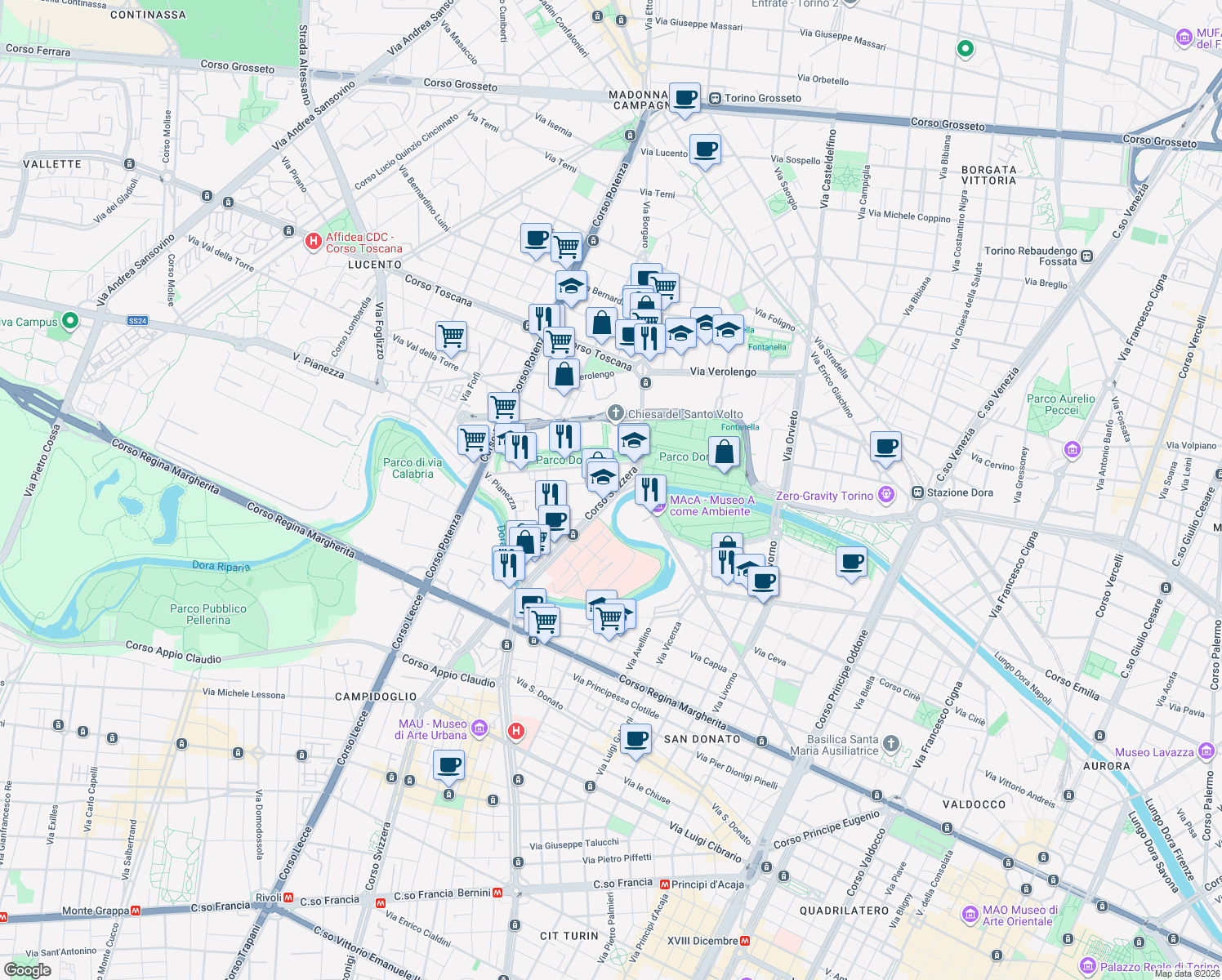 map of restaurants, bars, coffee shops, grocery stores, and more near 183 Corso Svizzera in Torino