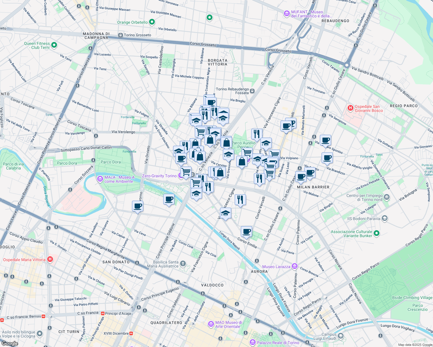 map of restaurants, bars, coffee shops, grocery stores, and more near 12 Via Parella in Torino