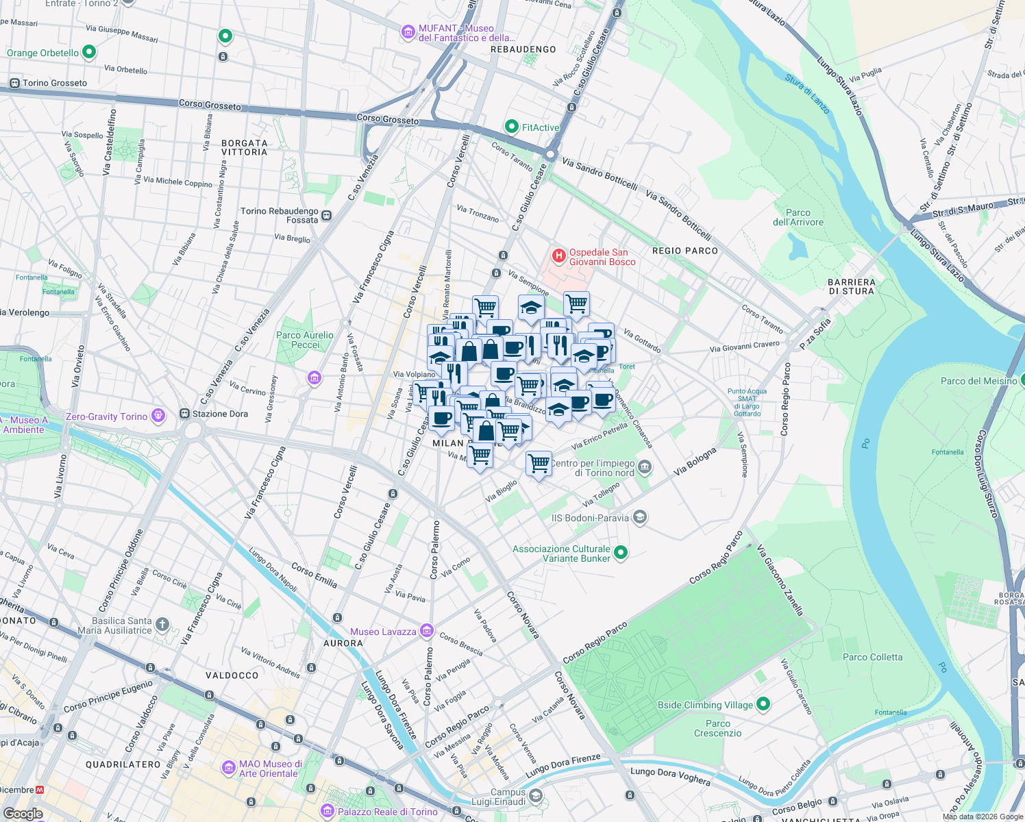 map of restaurants, bars, coffee shops, grocery stores, and more near 25F Via Crescentino in Torino