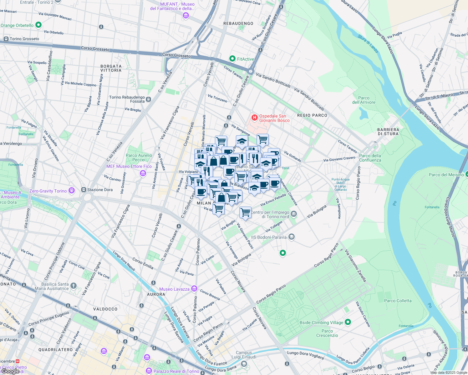 map of restaurants, bars, coffee shops, grocery stores, and more near 25F Via Crescentino in Torino