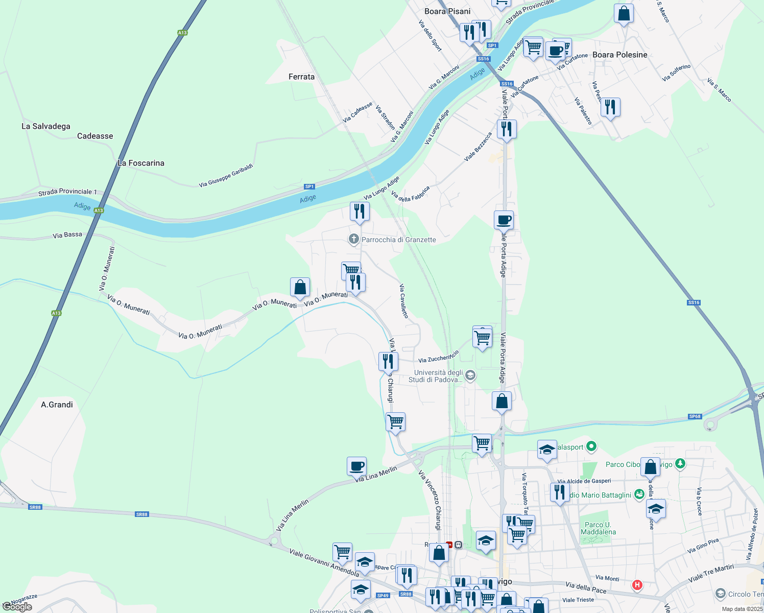 map of restaurants, bars, coffee shops, grocery stores, and more near 142b Cimitero in Rovigo