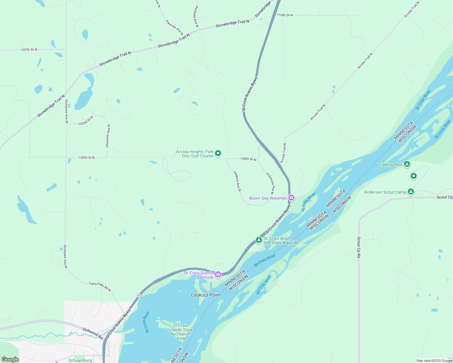 map of restaurants, bars, coffee shops, grocery stores, and more near 9880 Perkins Avenue North in Stillwater