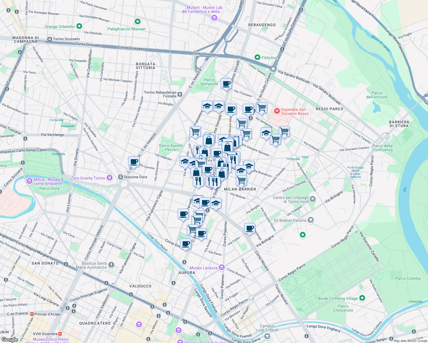 map of restaurants, bars, coffee shops, grocery stores, and more near 13 Via Elvo in Turin
