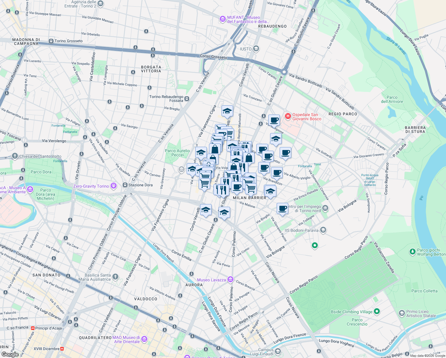 map of restaurants, bars, coffee shops, grocery stores, and more near 13 Via Elvo in Turin
