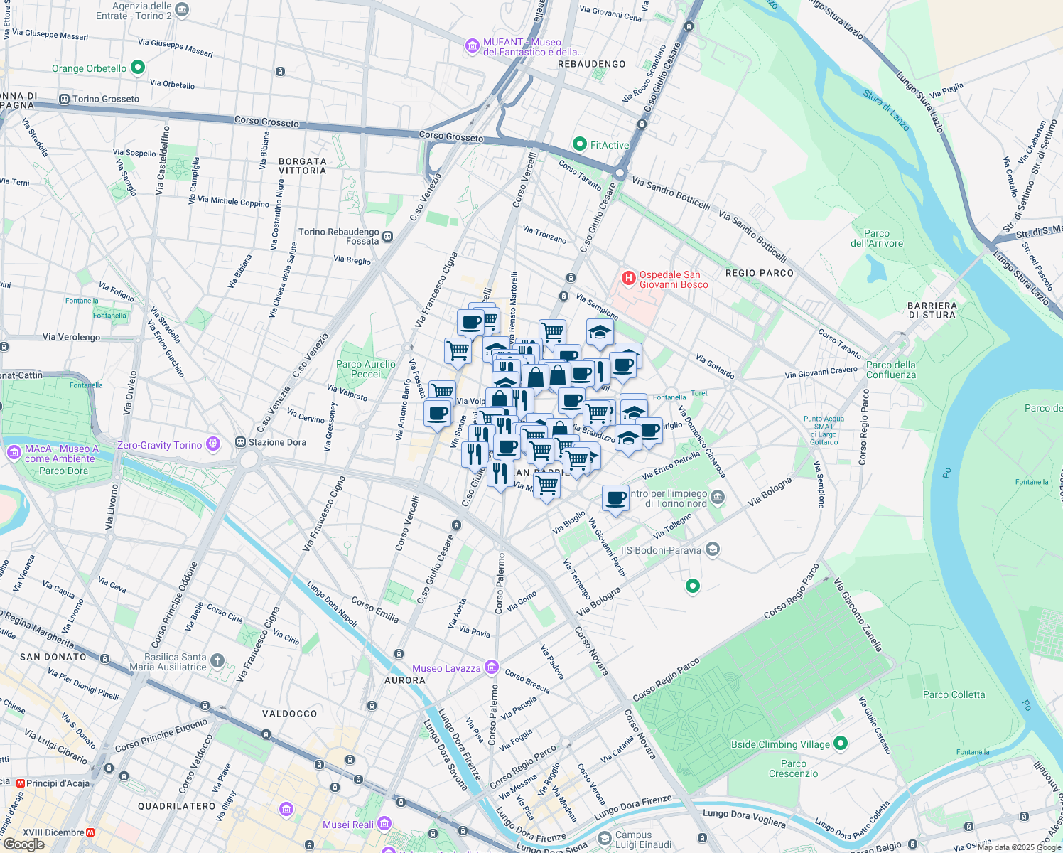 map of restaurants, bars, coffee shops, grocery stores, and more near 52 Via Feletto in Torino