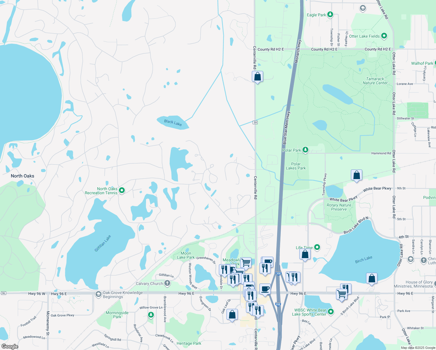 map of restaurants, bars, coffee shops, grocery stores, and more near 23 Knoll Rd in North Oaks