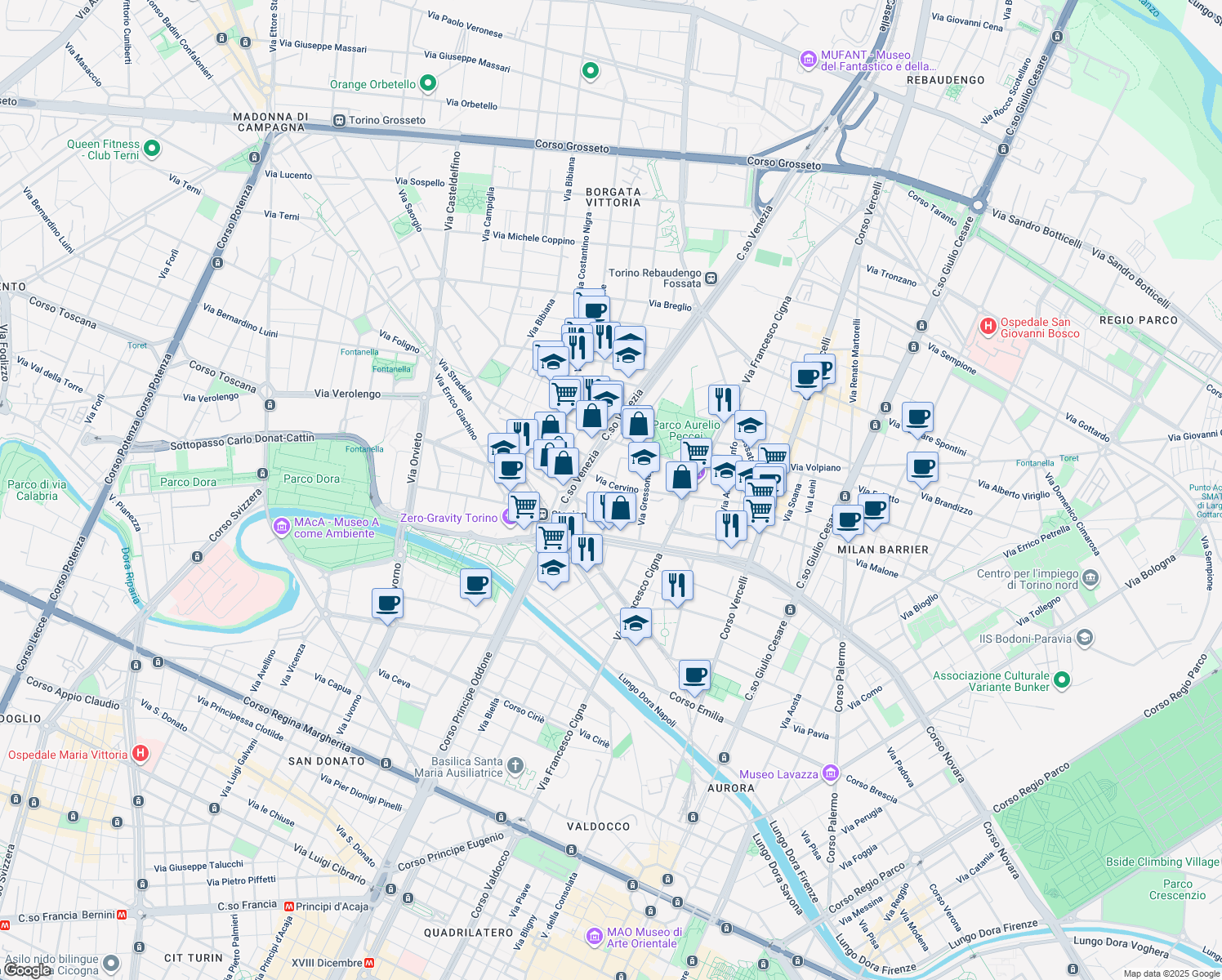 map of restaurants, bars, coffee shops, grocery stores, and more near 12 Via Parella in Turin