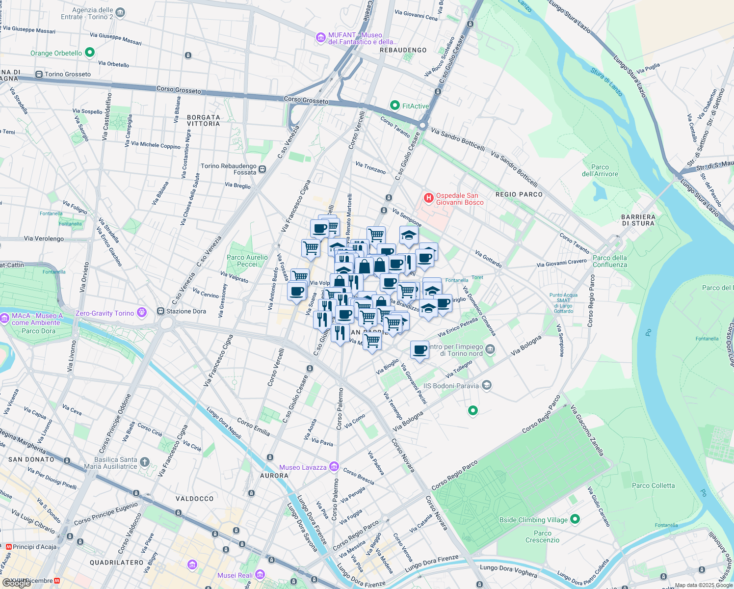 map of restaurants, bars, coffee shops, grocery stores, and more near 52 Via Feletto in Torino