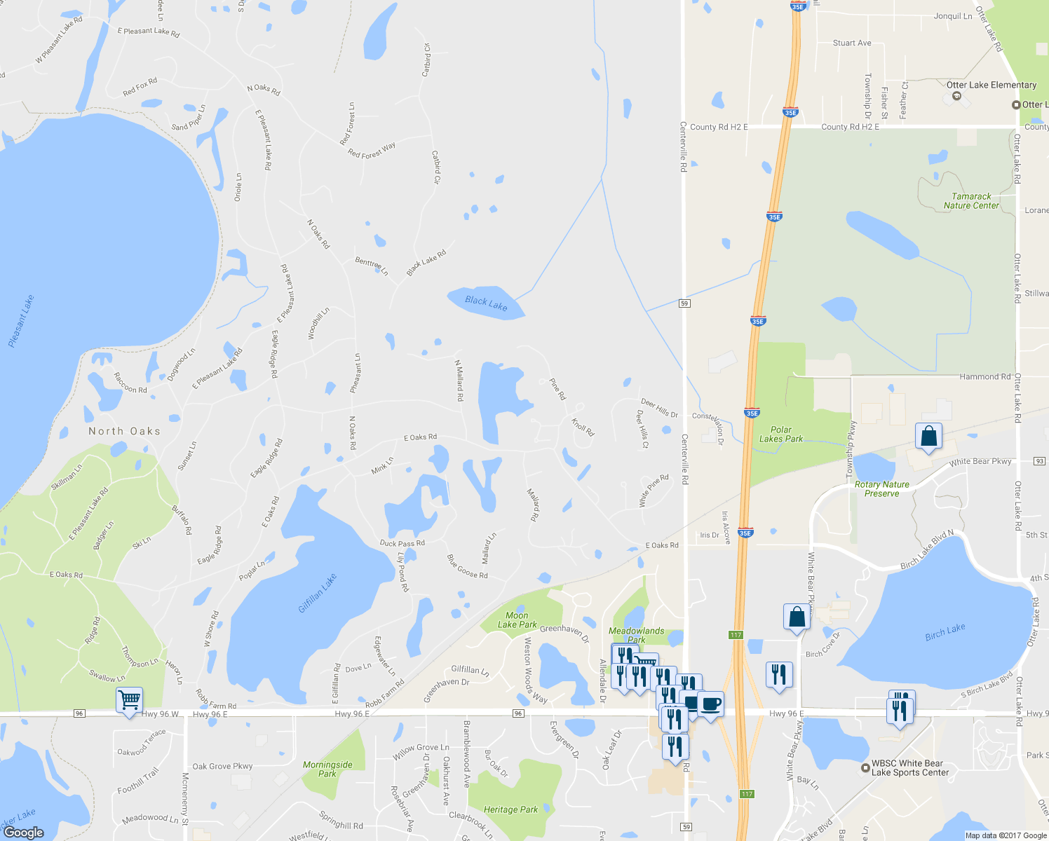 map of restaurants, bars, coffee shops, grocery stores, and more near 14 Larch Lane in North Oaks