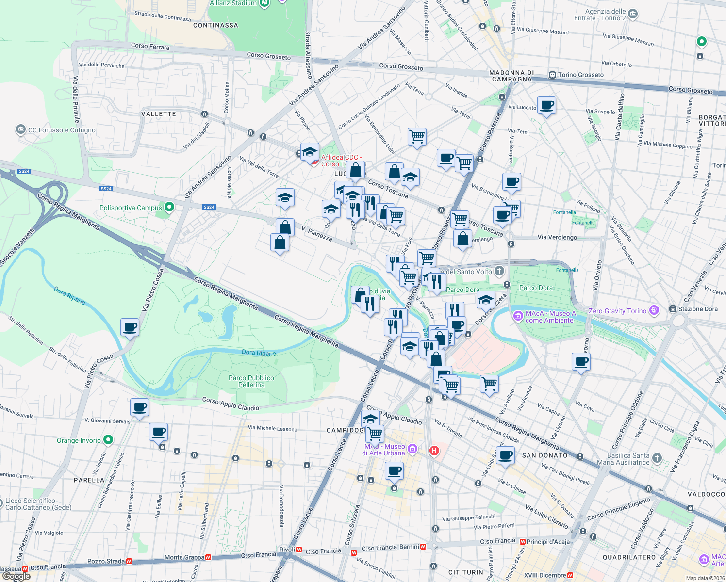 map of restaurants, bars, coffee shops, grocery stores, and more near in Metropolitan City of Turin