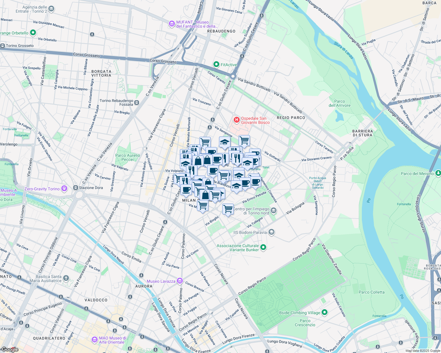 map of restaurants, bars, coffee shops, grocery stores, and more near 25F Via Crescentino in Torino