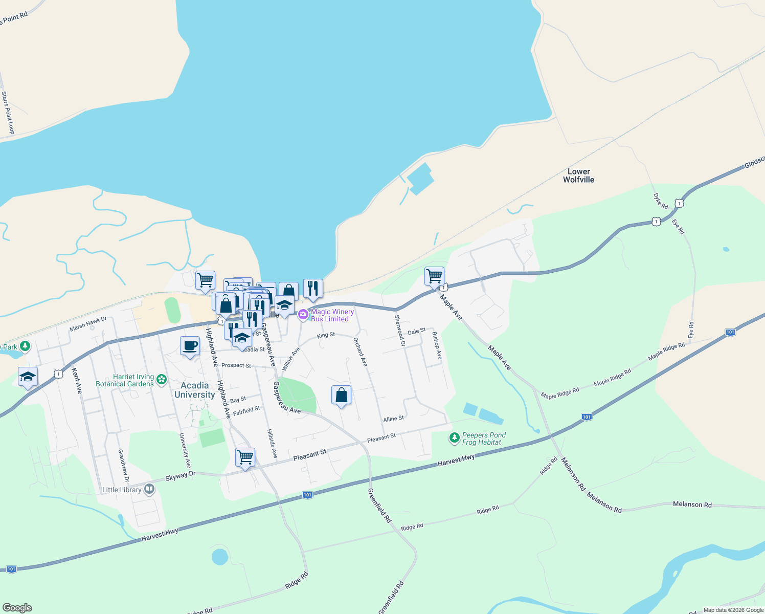 map of restaurants, bars, coffee shops, grocery stores, and more near 186 Main Street in Wolfville