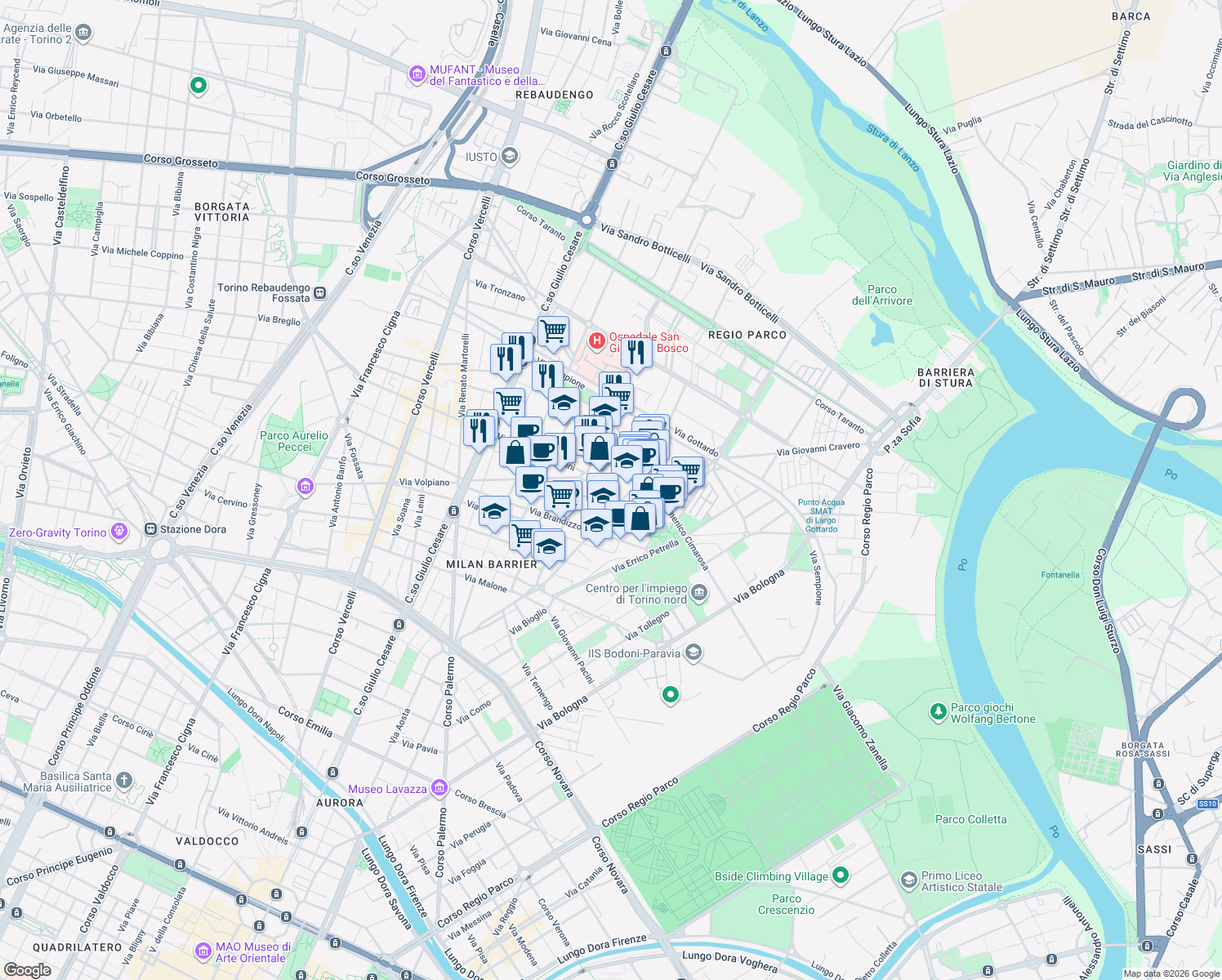 map of restaurants, bars, coffee shops, grocery stores, and more near 66 Via Saverio Mercadante in Torino