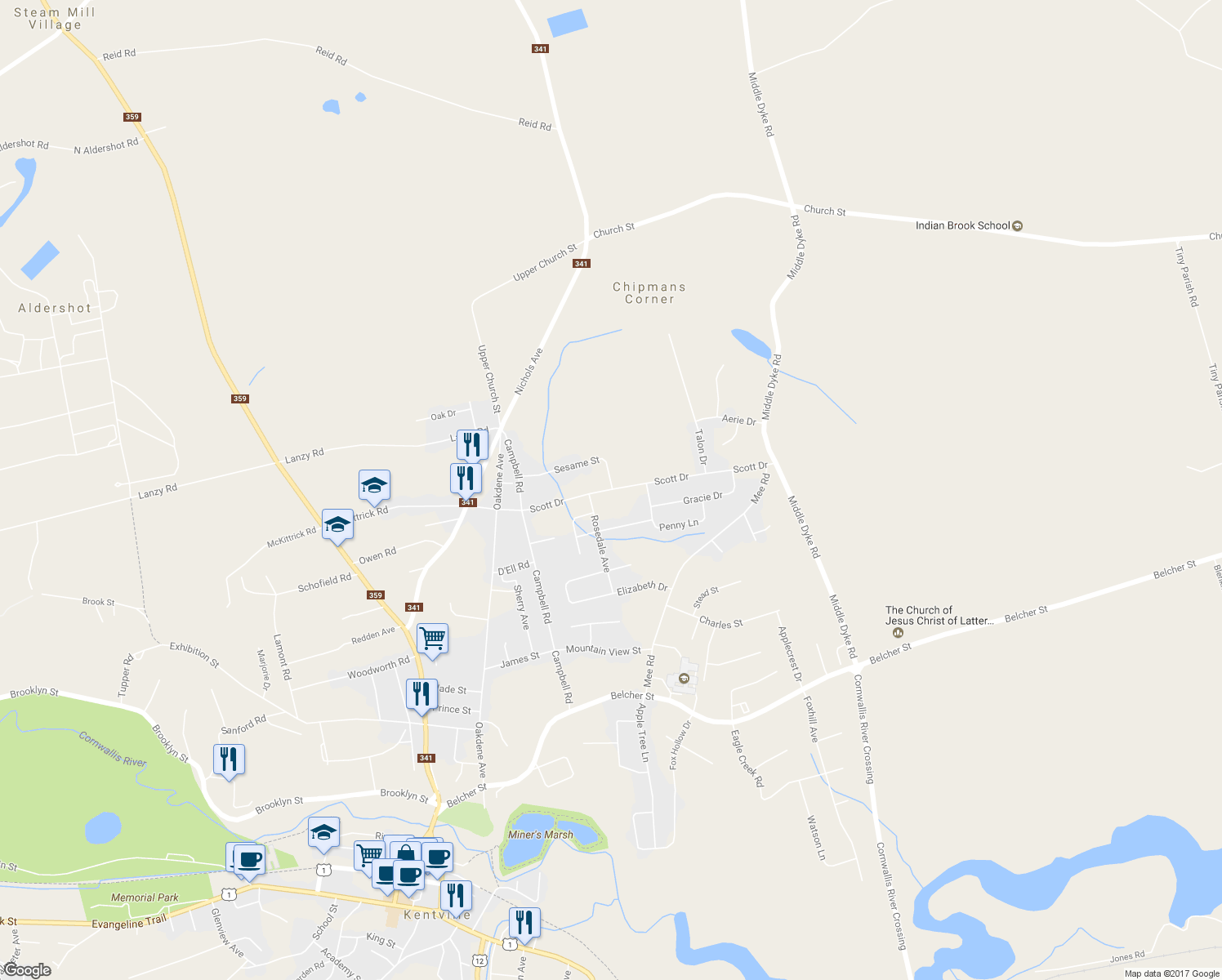 map of restaurants, bars, coffee shops, grocery stores, and more near 995 Scott Drive in Kentville