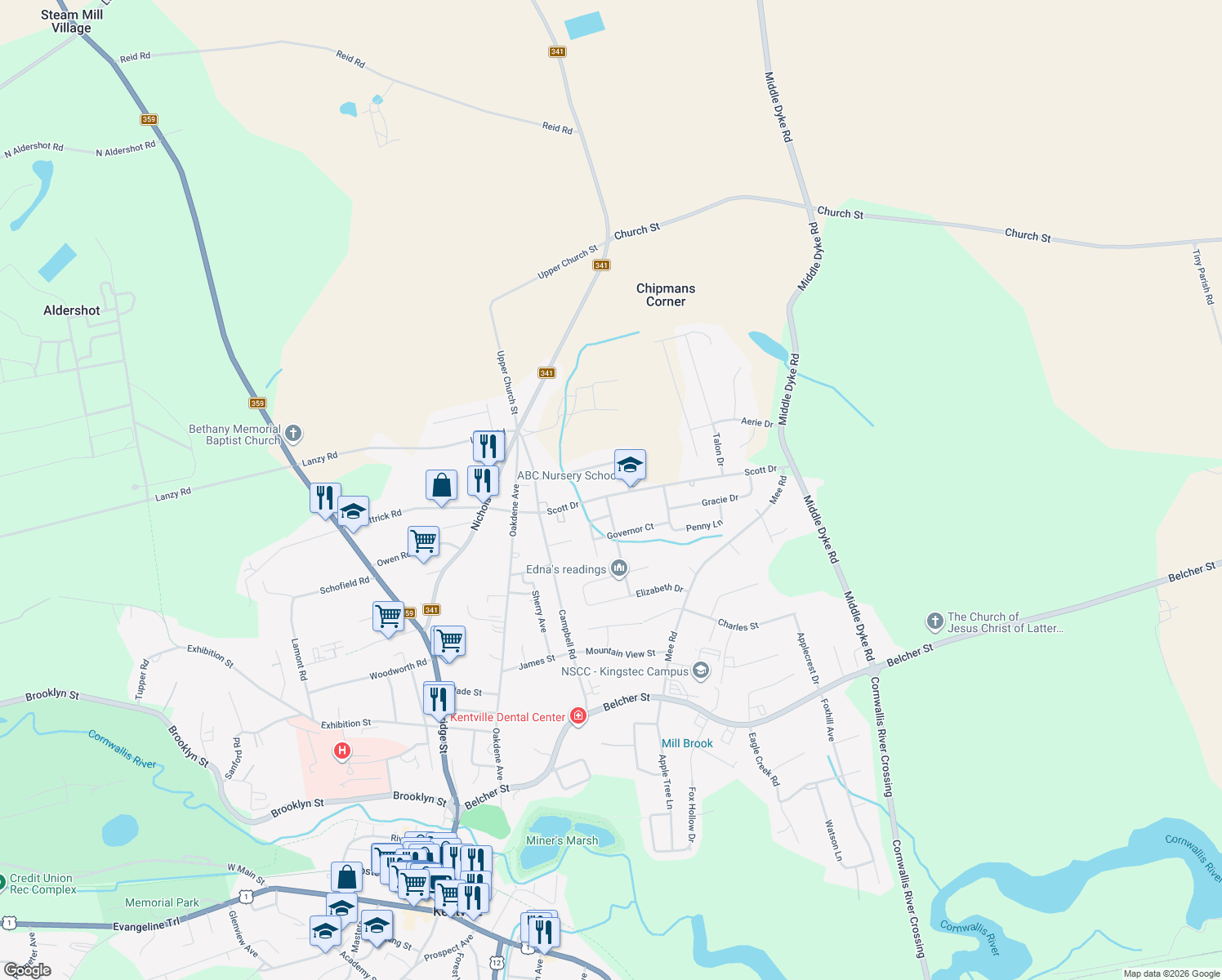 map of restaurants, bars, coffee shops, grocery stores, and more near 1010 Scott Drive in Kentville