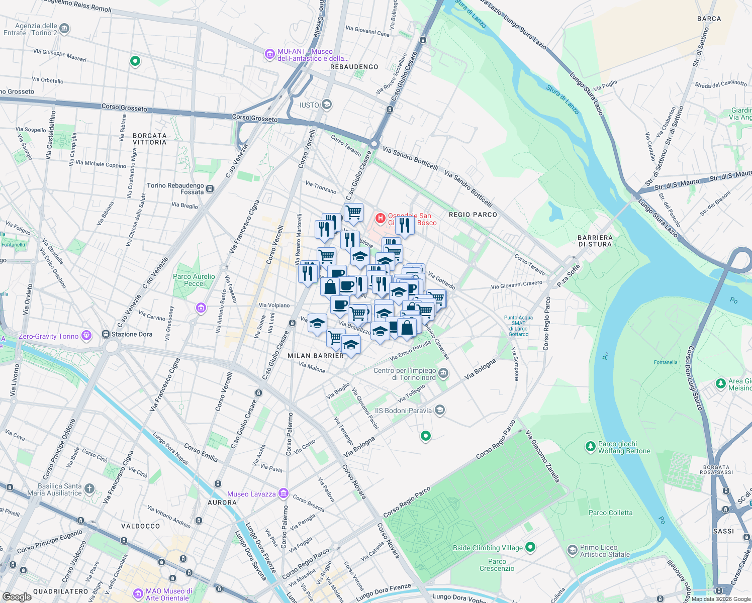 map of restaurants, bars, coffee shops, grocery stores, and more near 66 Via Saverio Mercadante in Torino