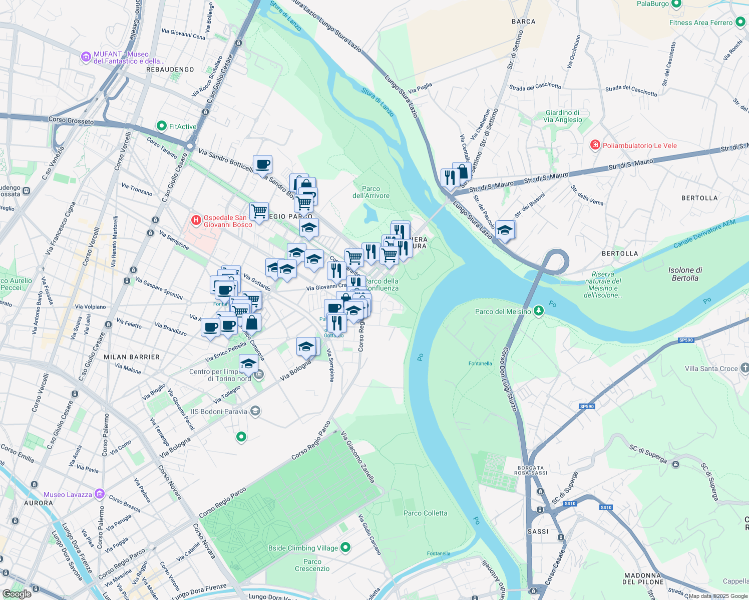 map of restaurants, bars, coffee shops, grocery stores, and more near 9 Via Renato Wuillermin in Torino