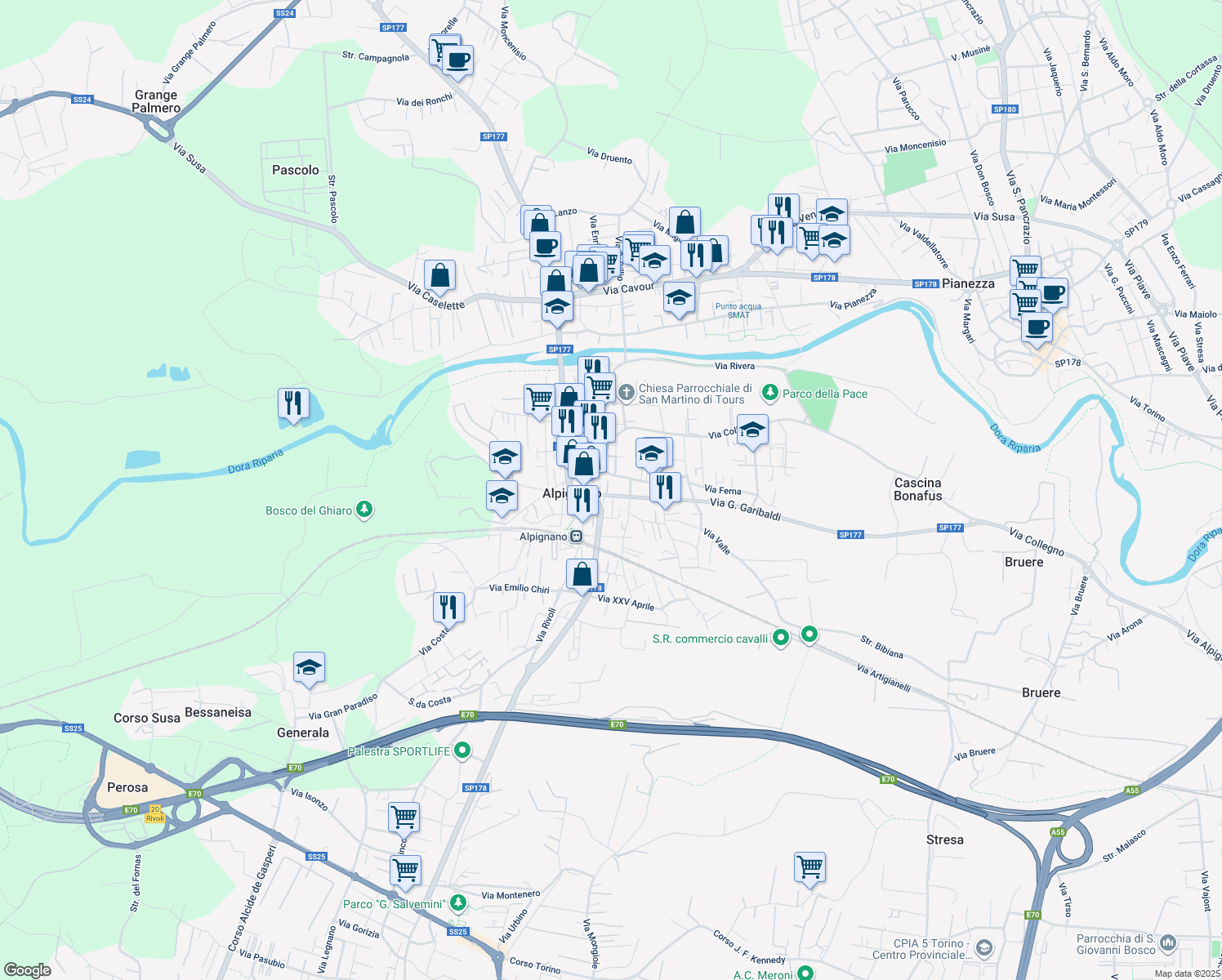 map of restaurants, bars, coffee shops, grocery stores, and more near 15 Via G. Garibaldi in Alpignano