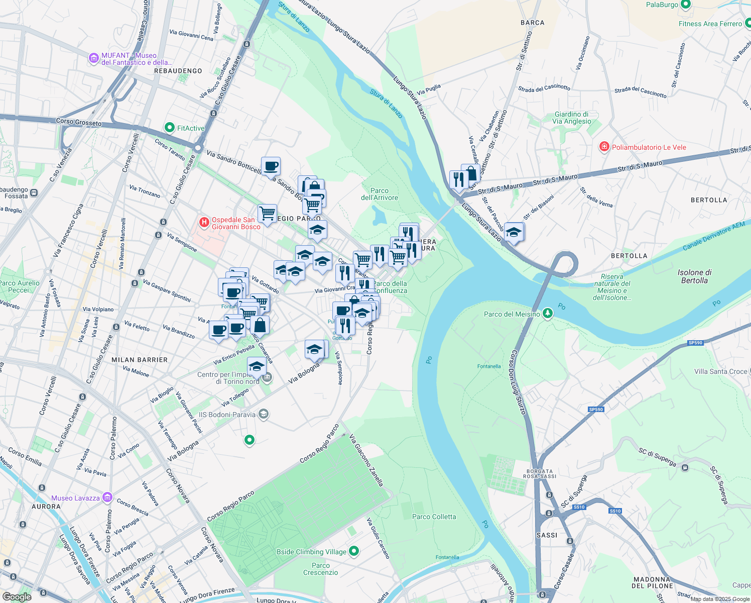 map of restaurants, bars, coffee shops, grocery stores, and more near 1-9 Via Renato Wuillermin in Torino
