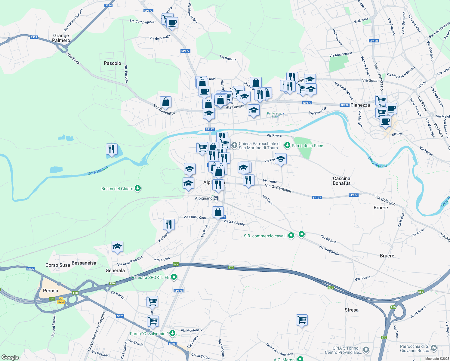 map of restaurants, bars, coffee shops, grocery stores, and more near 15 Via Garibaldi Giuseppe in Alpignano