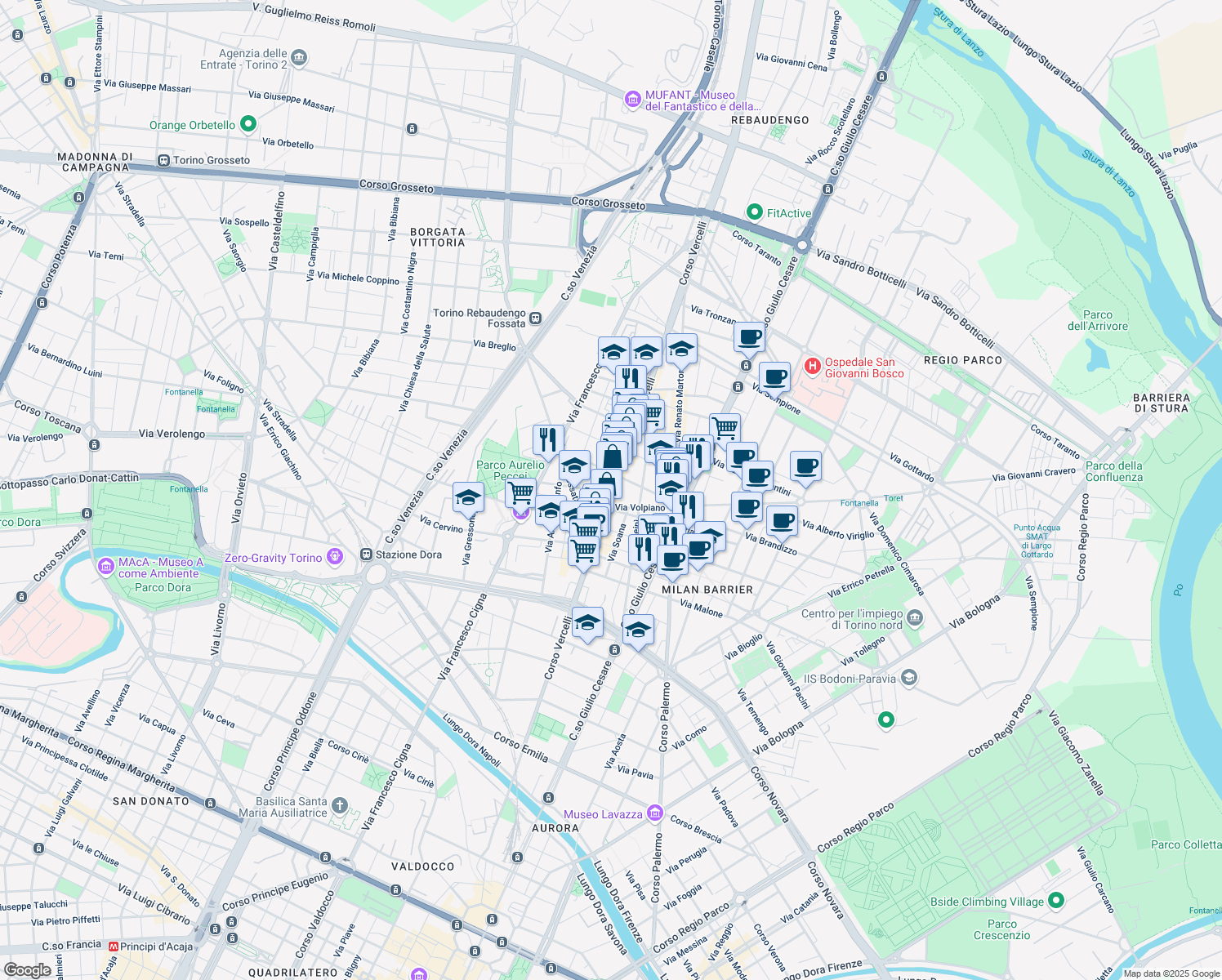 map of restaurants, bars, coffee shops, grocery stores, and more near 94 Corso Vercelli in Torino