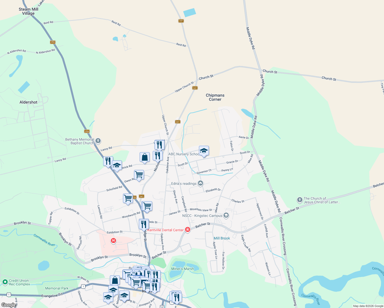 map of restaurants, bars, coffee shops, grocery stores, and more near 1010 Scott Drive in Kentville