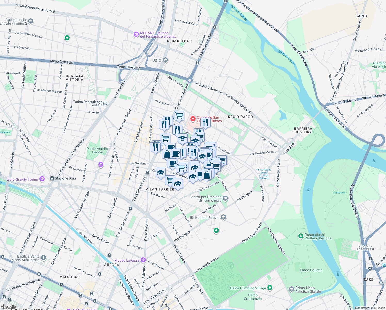 map of restaurants, bars, coffee shops, grocery stores, and more near 66 Via Saverio Mercadante in Torino
