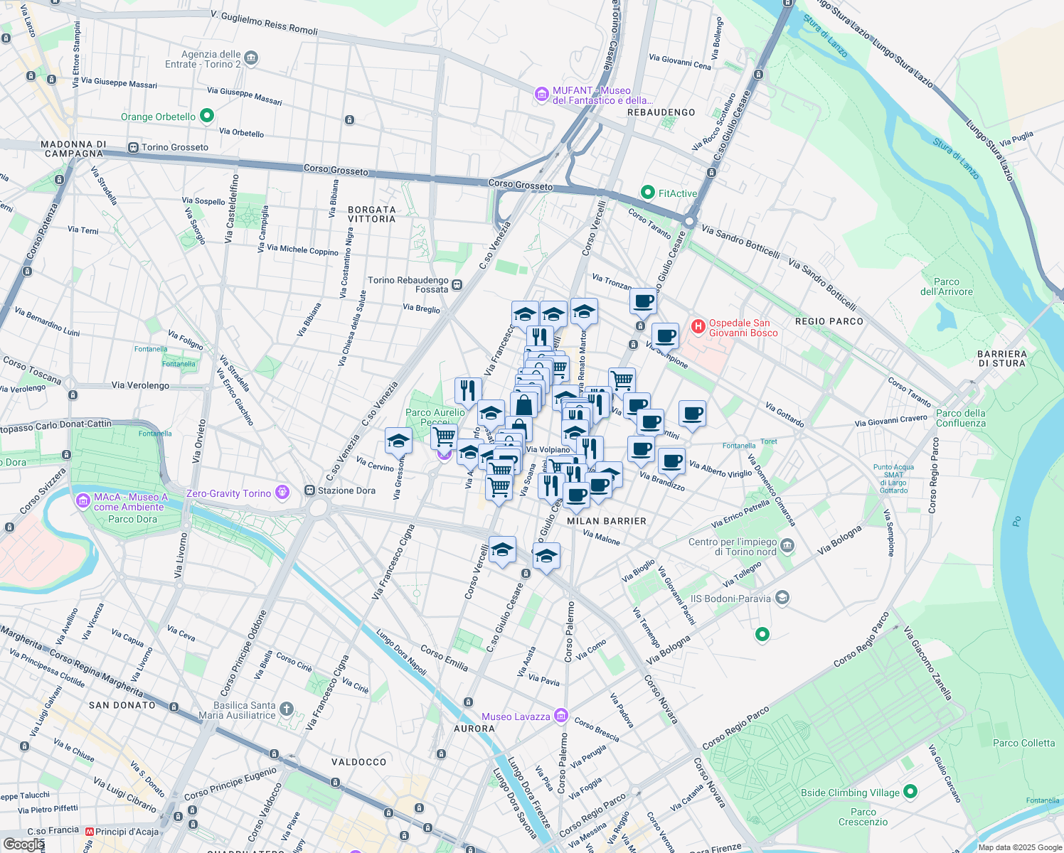 map of restaurants, bars, coffee shops, grocery stores, and more near 94 Corso Vercelli in Torino