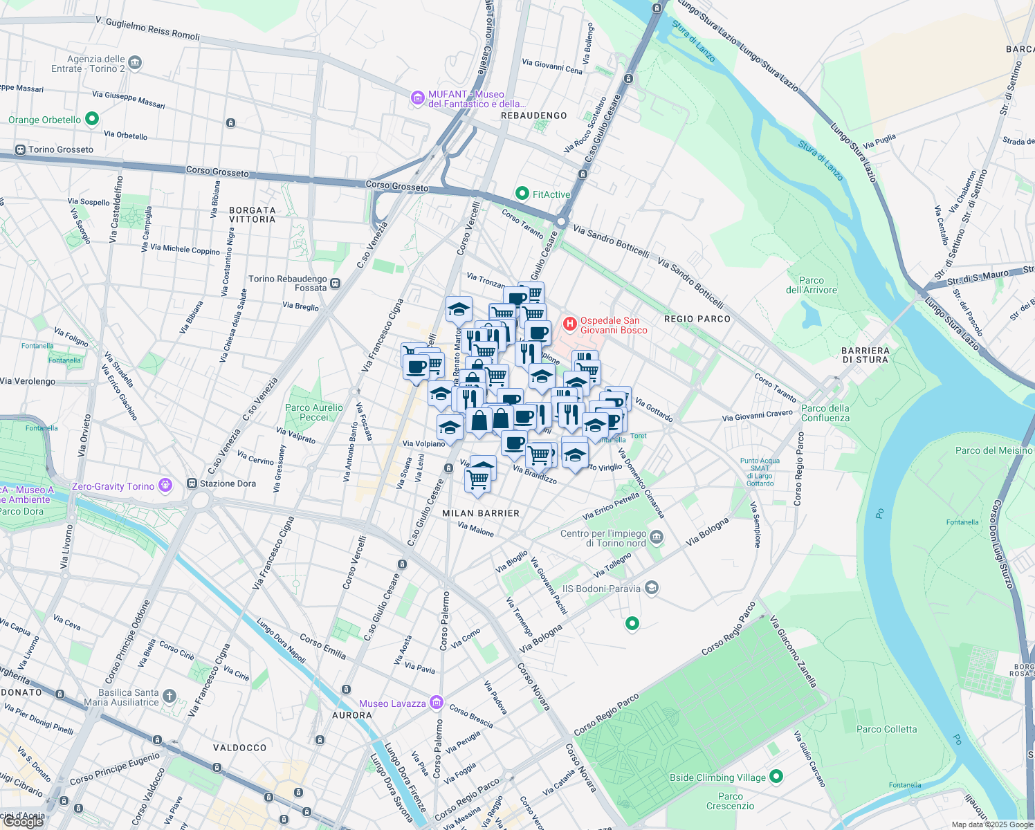 map of restaurants, bars, coffee shops, grocery stores, and more near 23 Via Gaspare Spontini in Torino