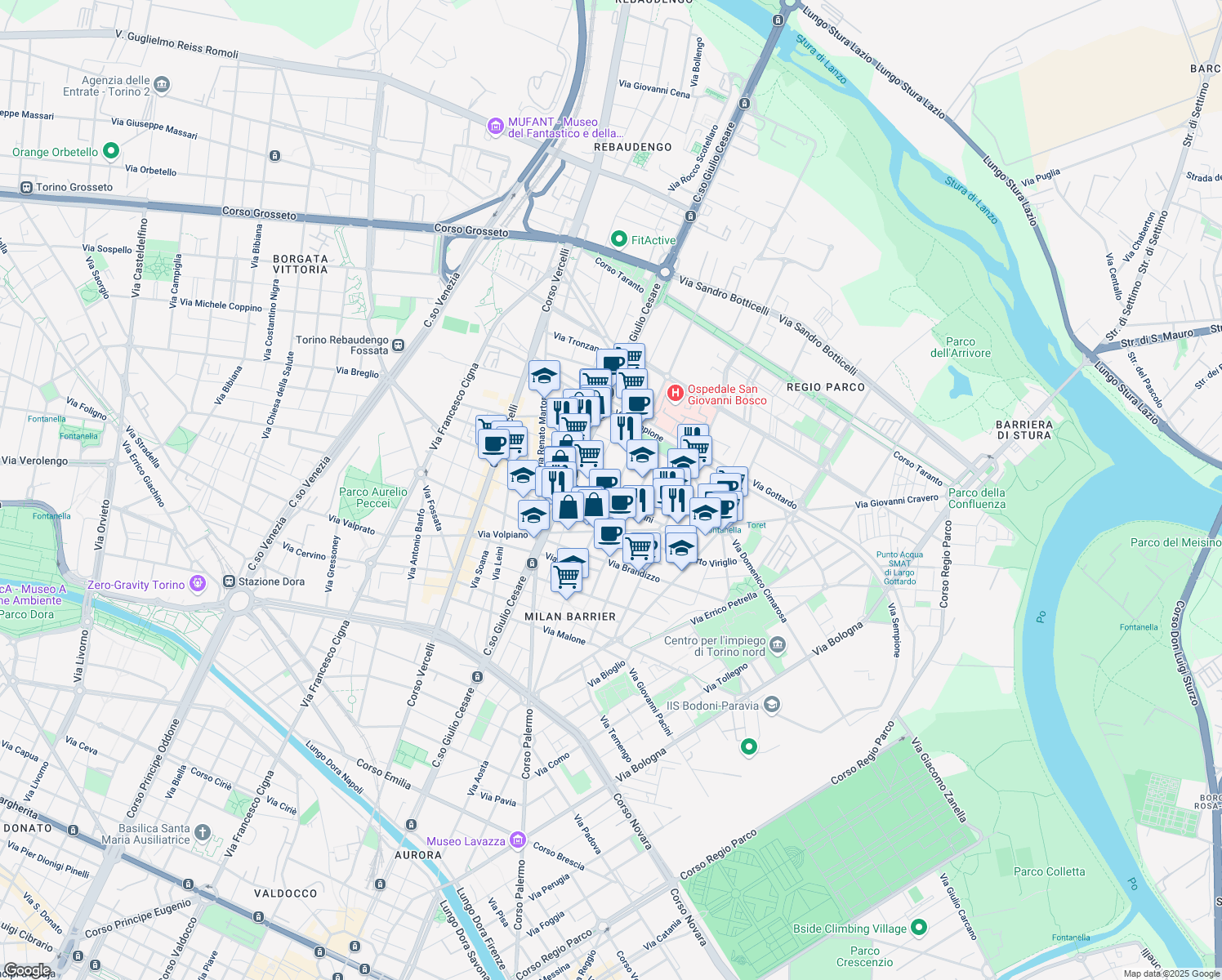 map of restaurants, bars, coffee shops, grocery stores, and more near 23 Via Gaspare Spontini in Torino