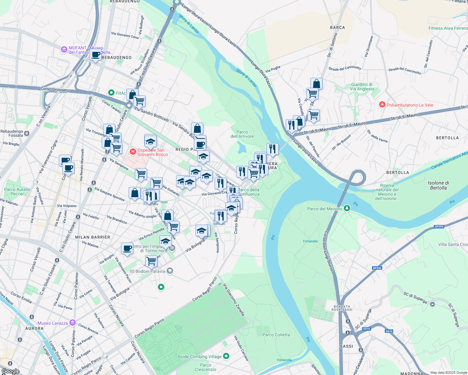 map of restaurants, bars, coffee shops, grocery stores, and more near 206 Corso Taranto in Torino