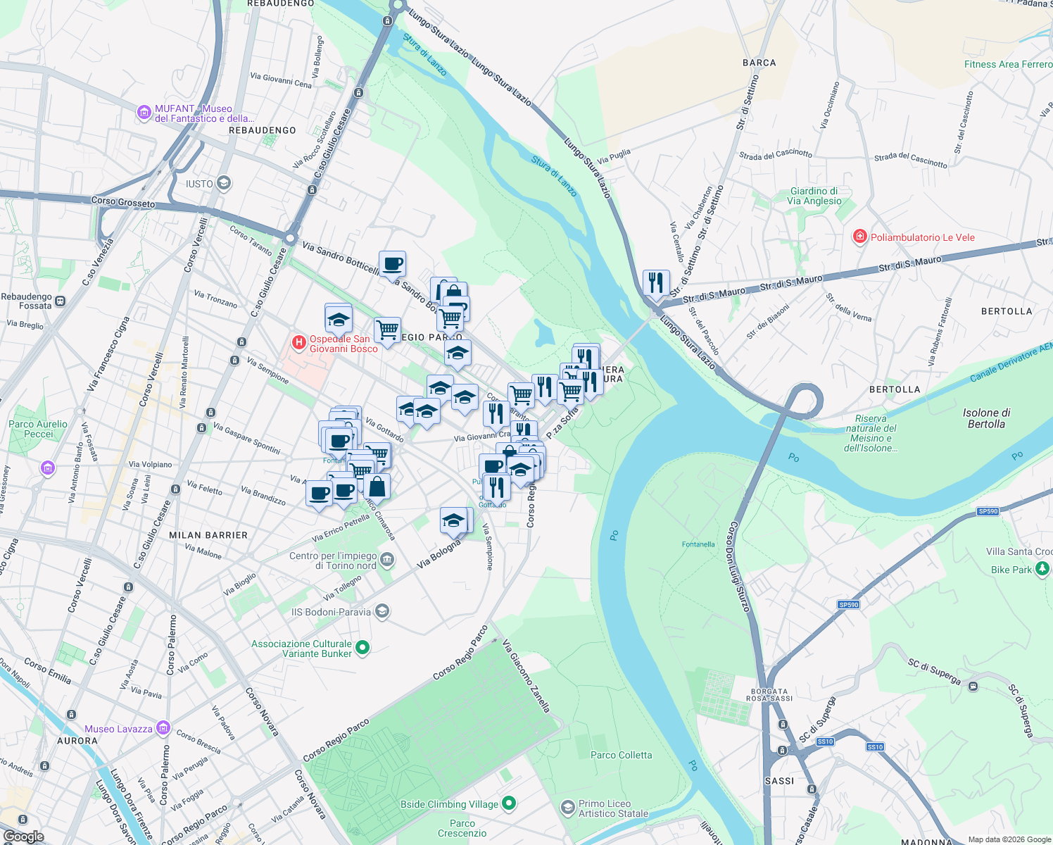 map of restaurants, bars, coffee shops, grocery stores, and more near 206 Corso Taranto in Torino