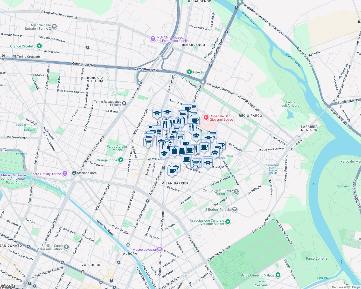 map of restaurants, bars, coffee shops, grocery stores, and more near 6 Via Pier Fortunato Calvi in Torino