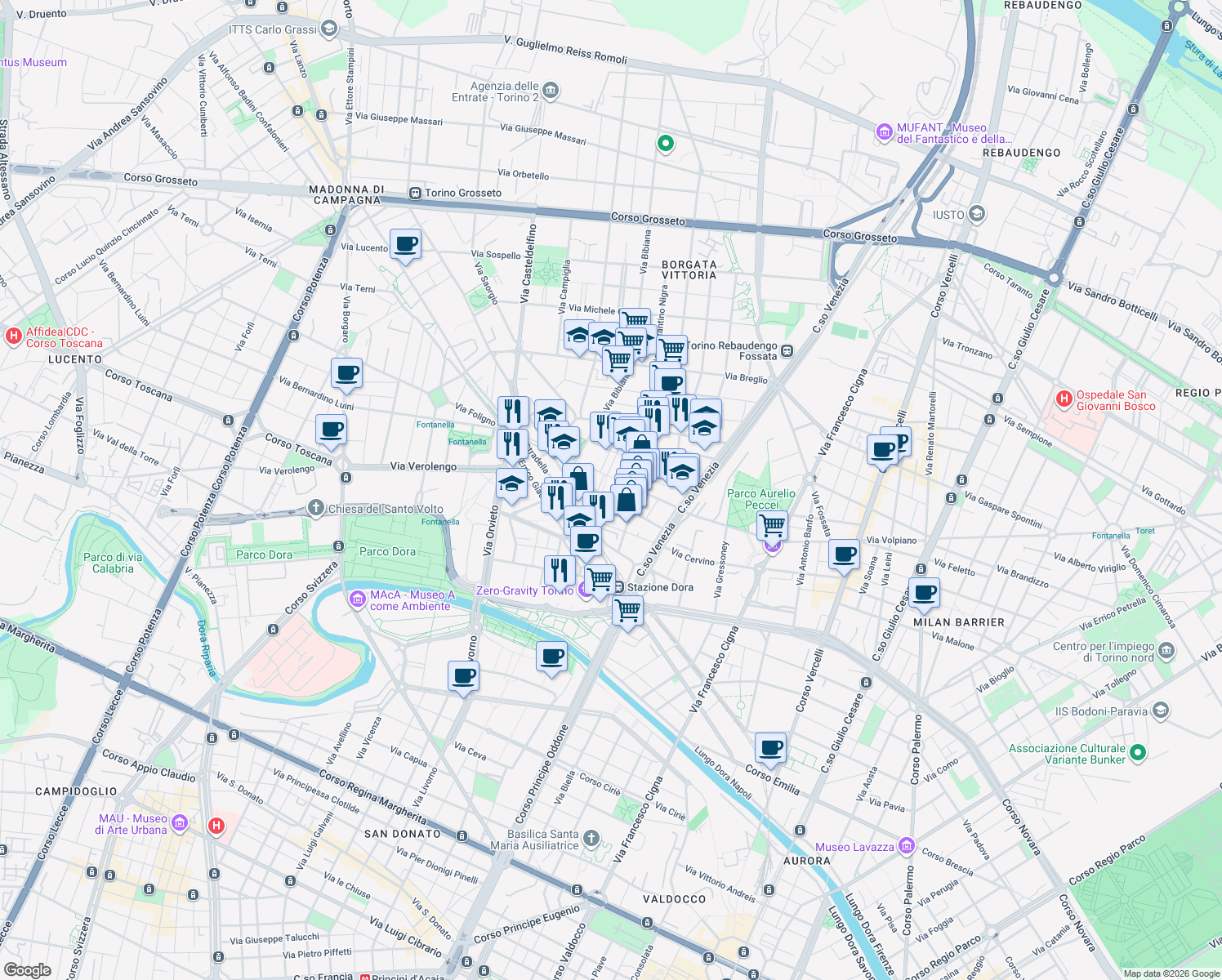 map of restaurants, bars, coffee shops, grocery stores, and more near 28 Via Giovanni Michele Boccardo in Torino