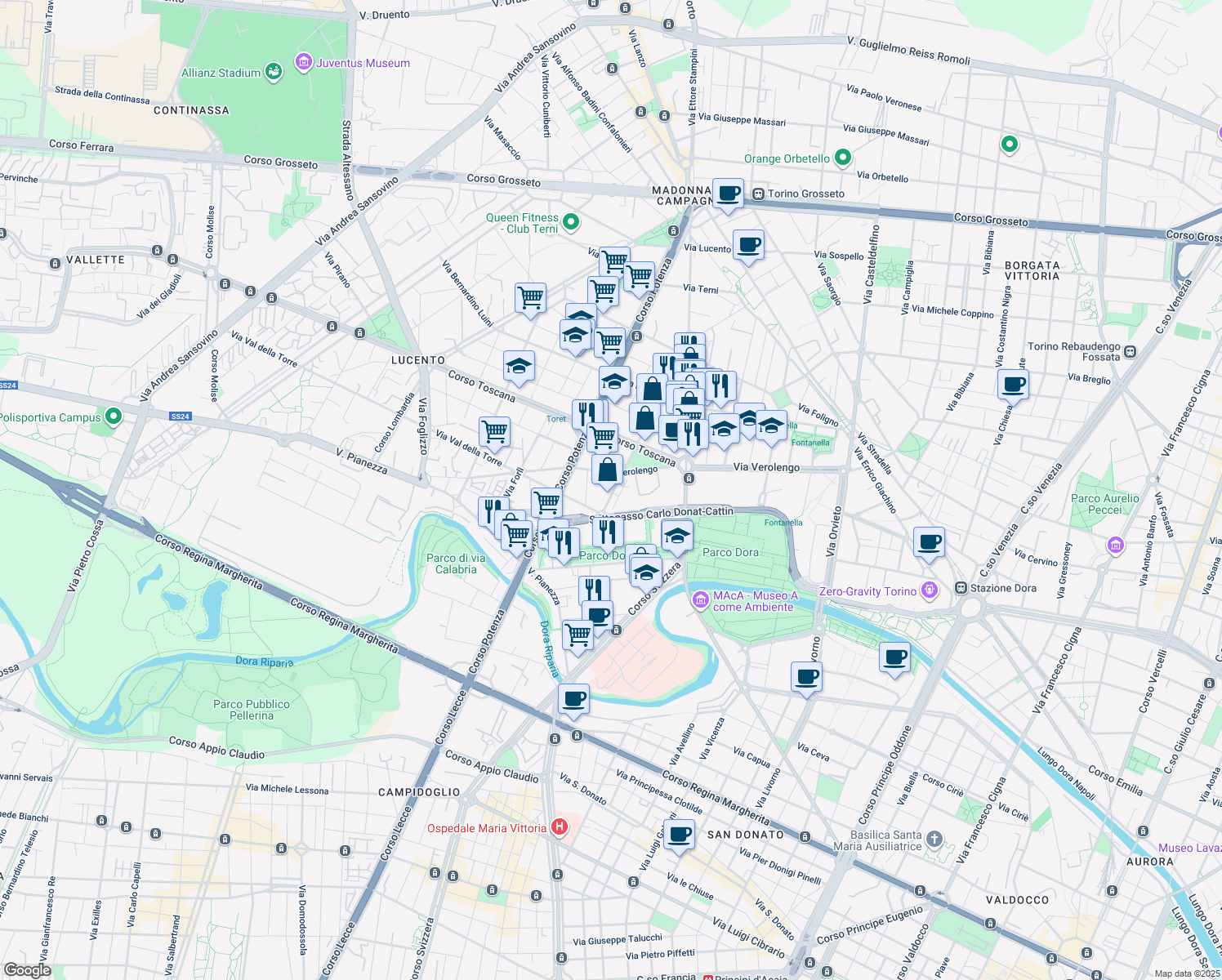 map of restaurants, bars, coffee shops, grocery stores, and more near 75 Via Viterbo in Torino