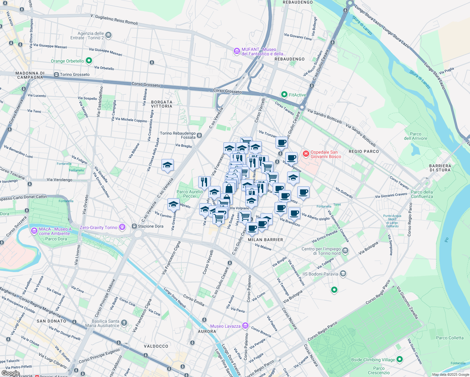 map of restaurants, bars, coffee shops, grocery stores, and more near 15 Via Verrès in Torino