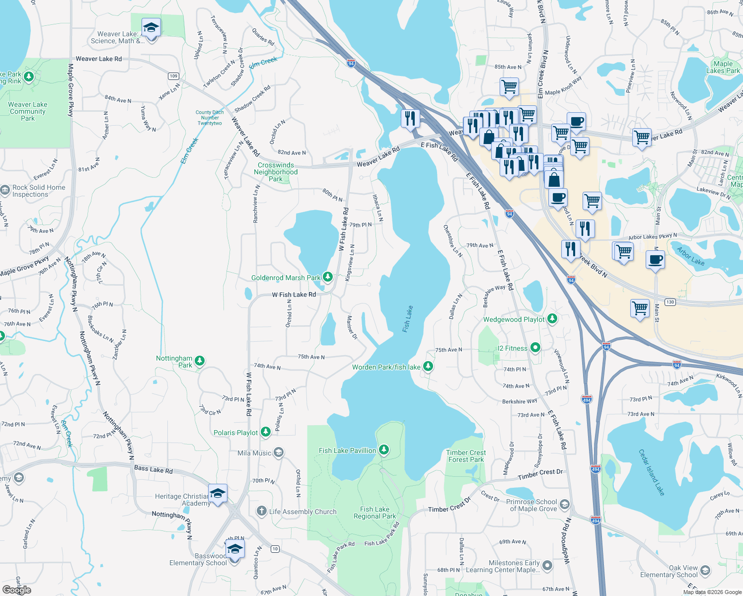 map of restaurants, bars, coffee shops, grocery stores, and more near 7662 Mariner Point in Osseo
