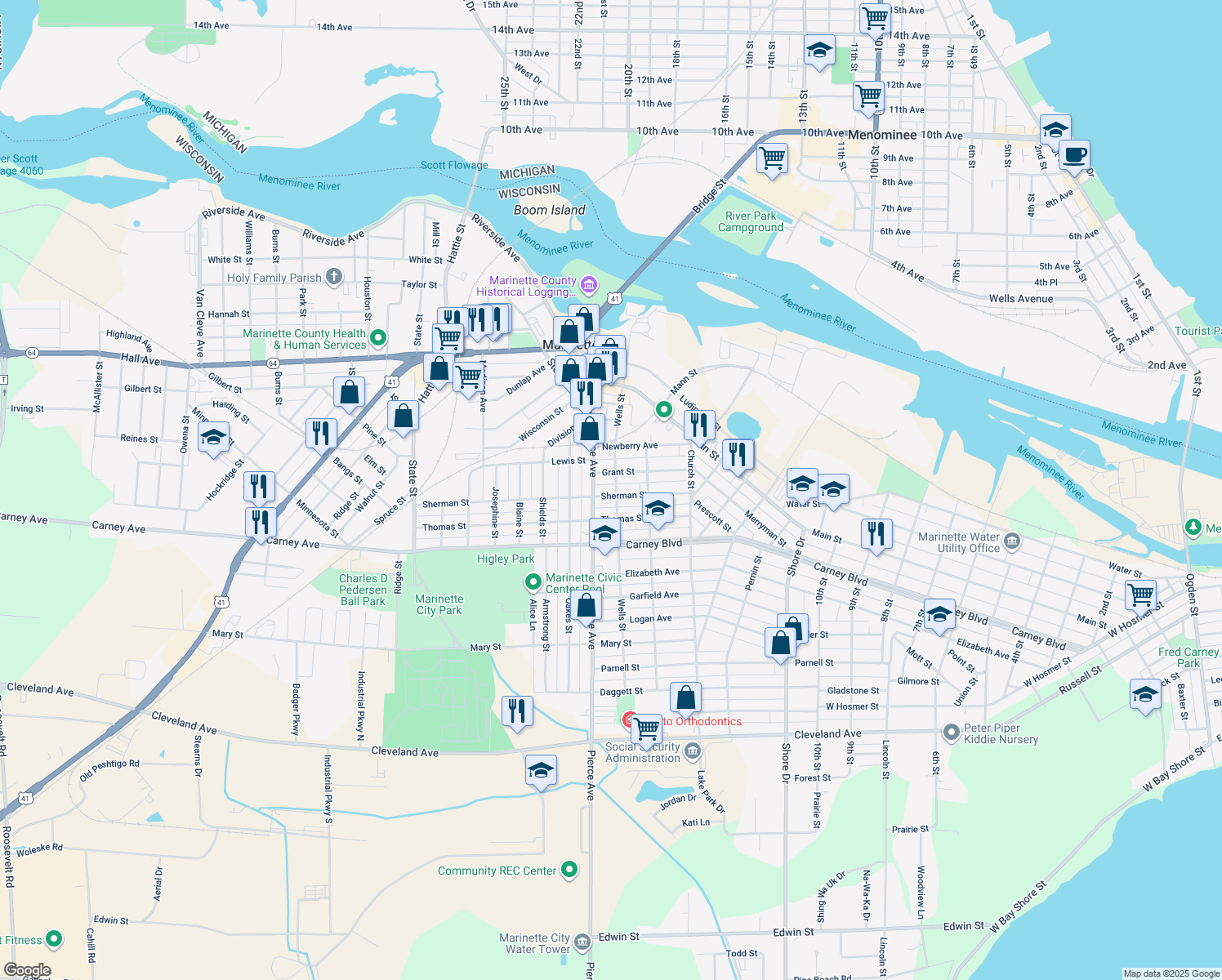 map of restaurants, bars, coffee shops, grocery stores, and more near 1019 Wells St in Marinette