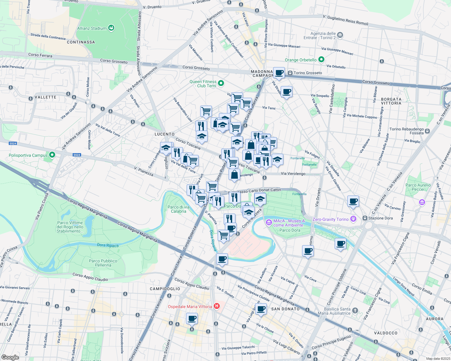map of restaurants, bars, coffee shops, grocery stores, and more near 11 Via Pettinengo in Torino