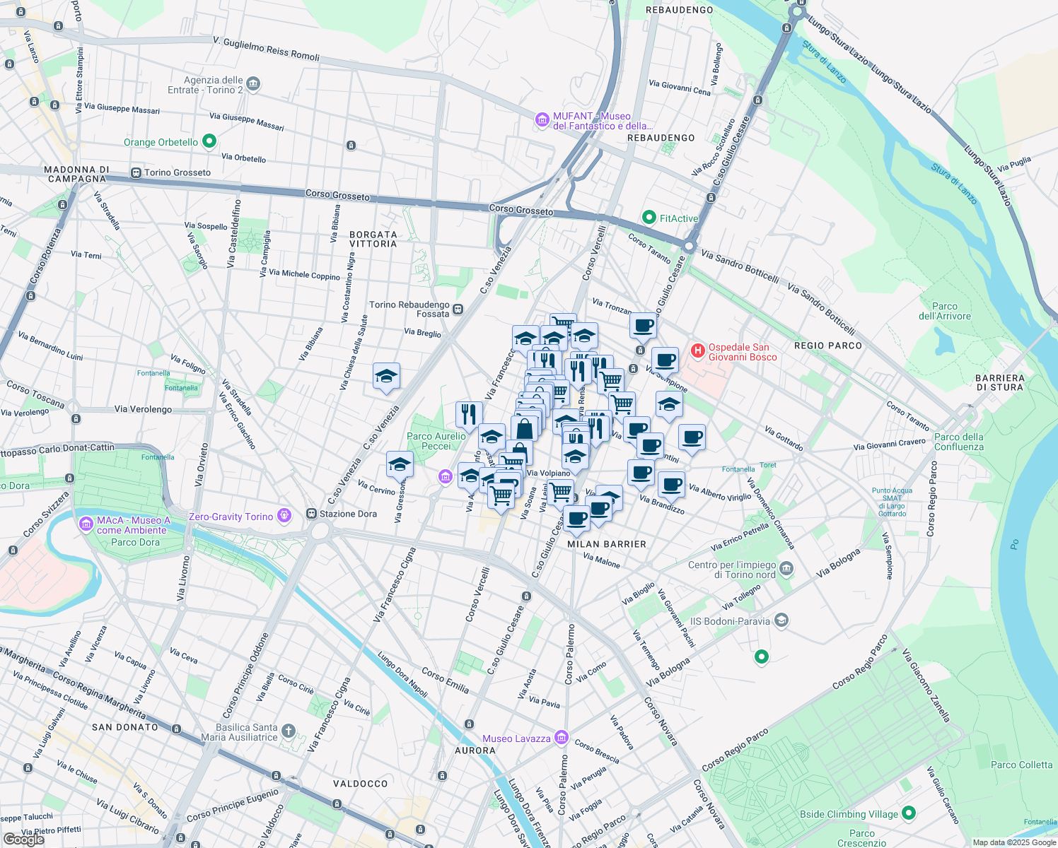 map of restaurants, bars, coffee shops, grocery stores, and more near 15 Via Verrès in Torino
