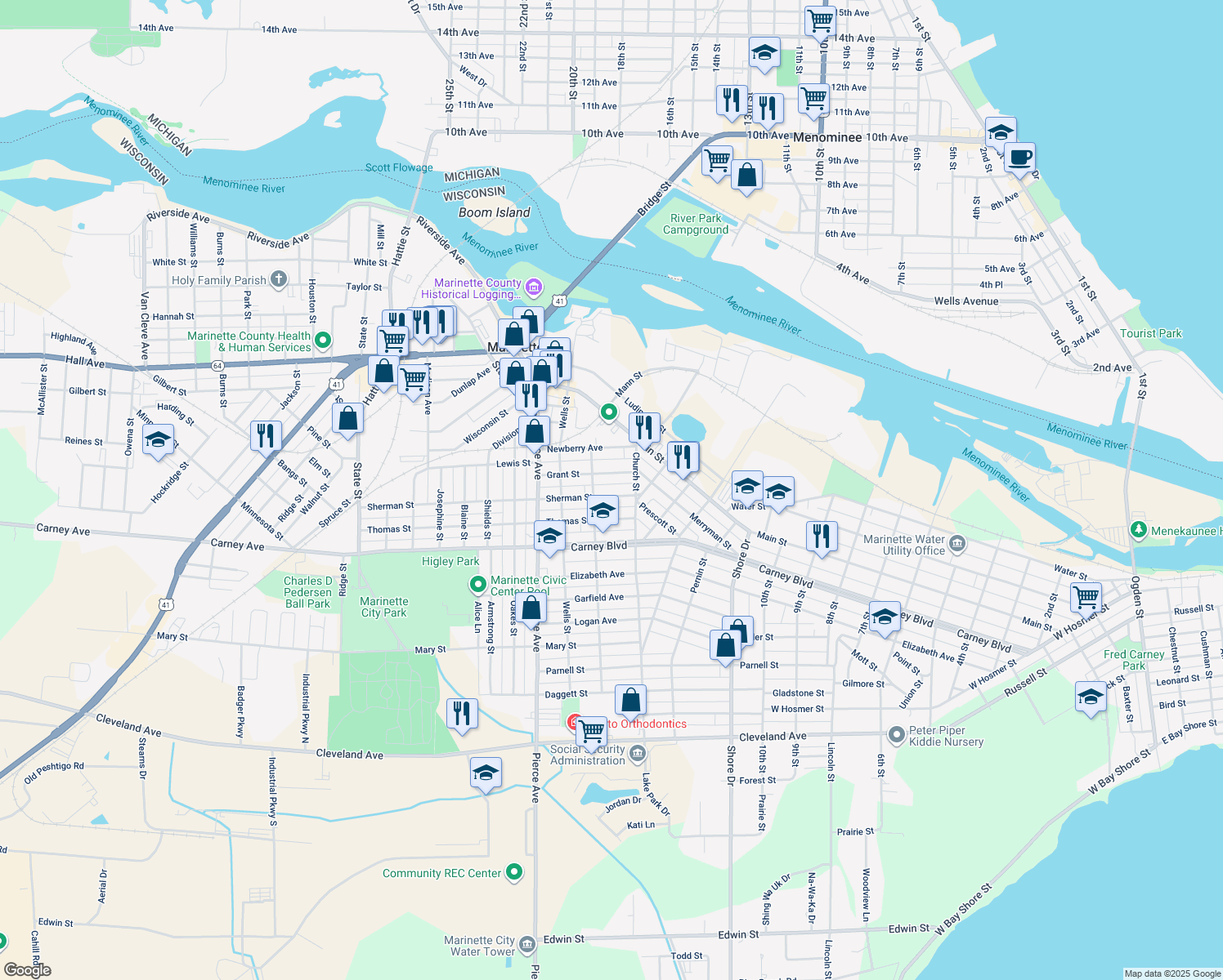 map of restaurants, bars, coffee shops, grocery stores, and more near 1430 Sherman St in Marinette
