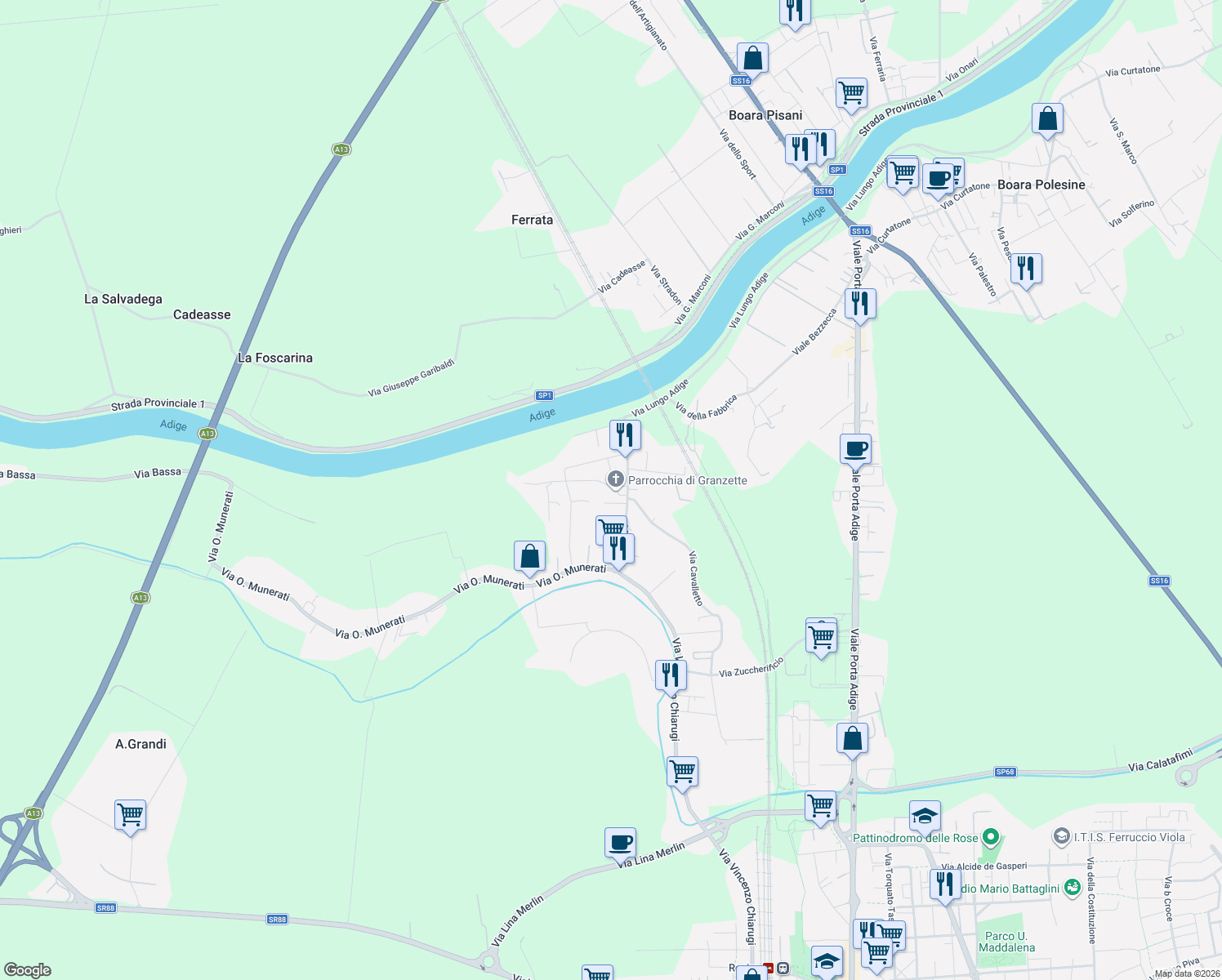map of restaurants, bars, coffee shops, grocery stores, and more near 53 Via Adige in Rovigo