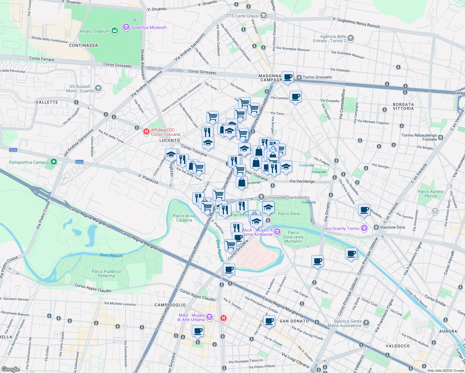 map of restaurants, bars, coffee shops, grocery stores, and more near 11 Via Pettinengo in Torino