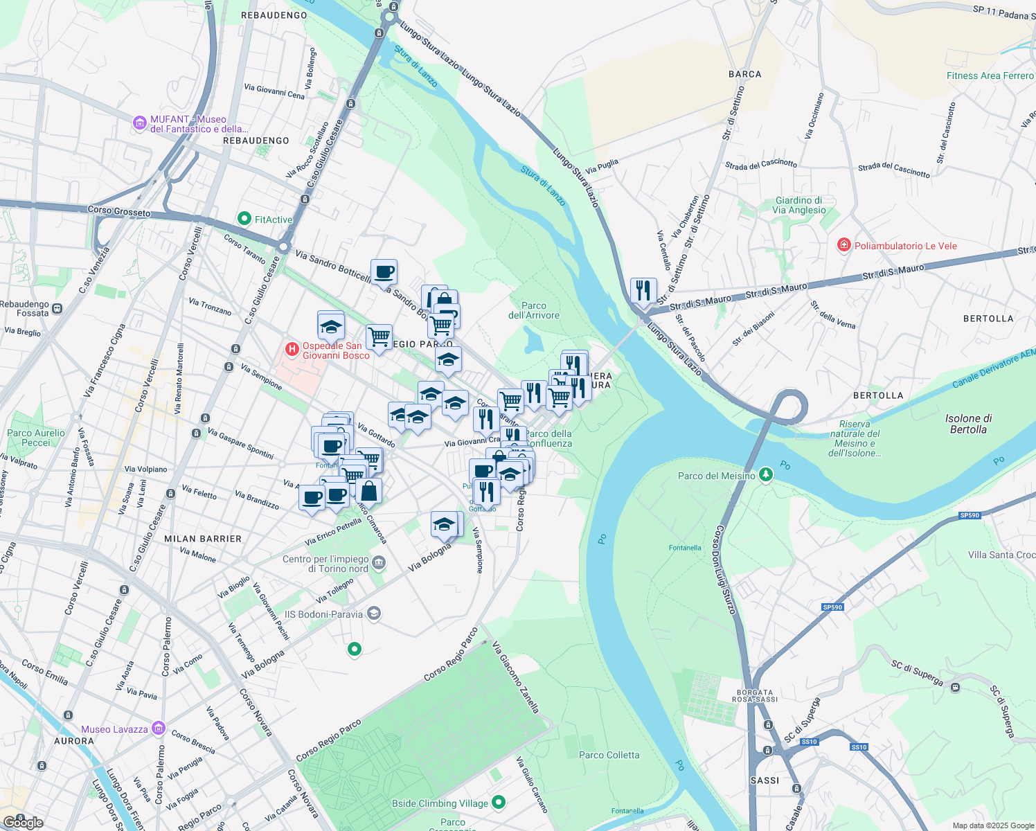 map of restaurants, bars, coffee shops, grocery stores, and more near 206 Corso Taranto in Torino