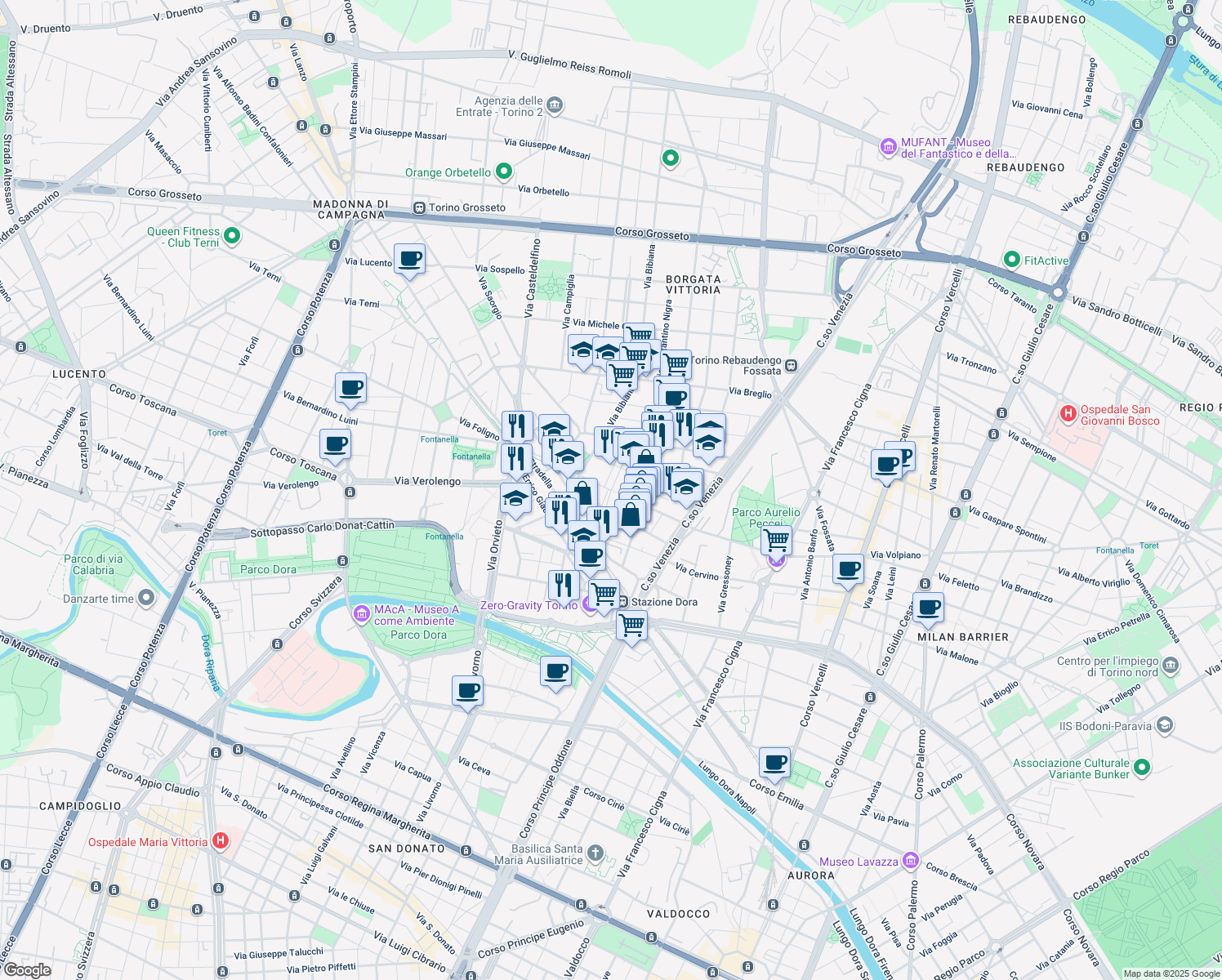 map of restaurants, bars, coffee shops, grocery stores, and more near 28 Via Giovanni Michele Boccardo in Torino
