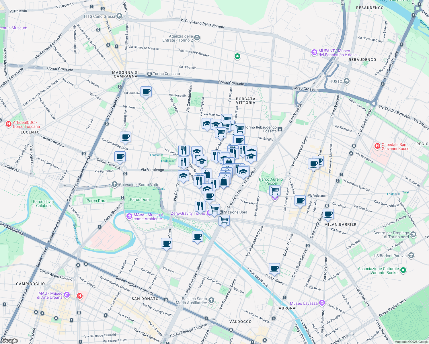map of restaurants, bars, coffee shops, grocery stores, and more near 28 Via Giovanni Michele Boccardo in Torino