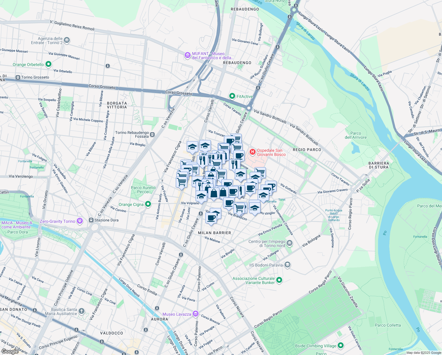 map of restaurants, bars, coffee shops, grocery stores, and more near 6 Via Calvi Pier Fortunato in Turin