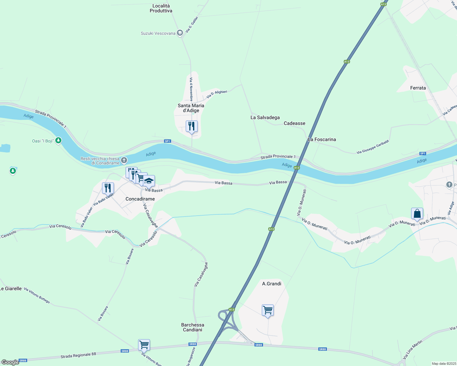 map of restaurants, bars, coffee shops, grocery stores, and more near Via Bassa in Concadirame