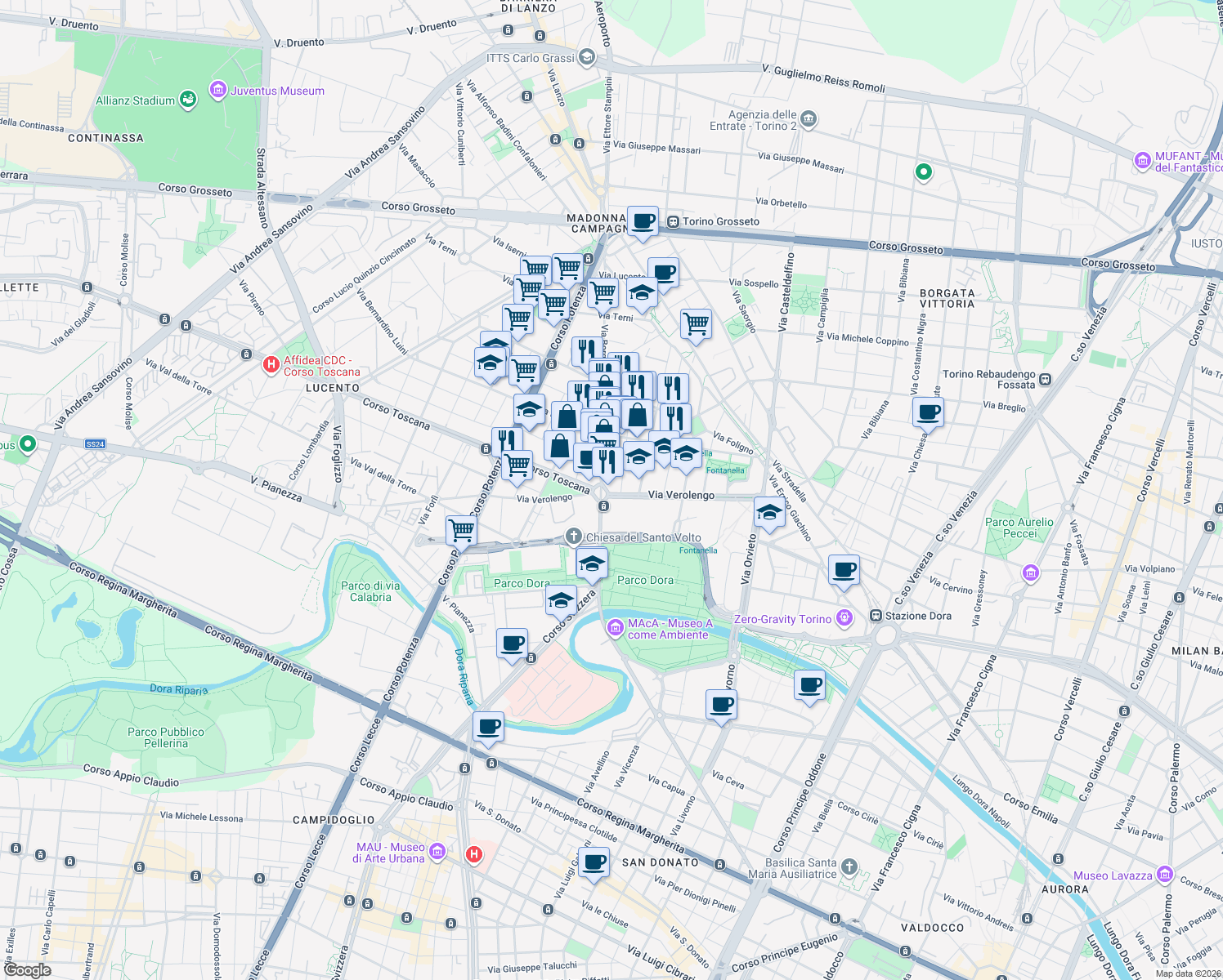 map of restaurants, bars, coffee shops, grocery stores, and more near in Turin